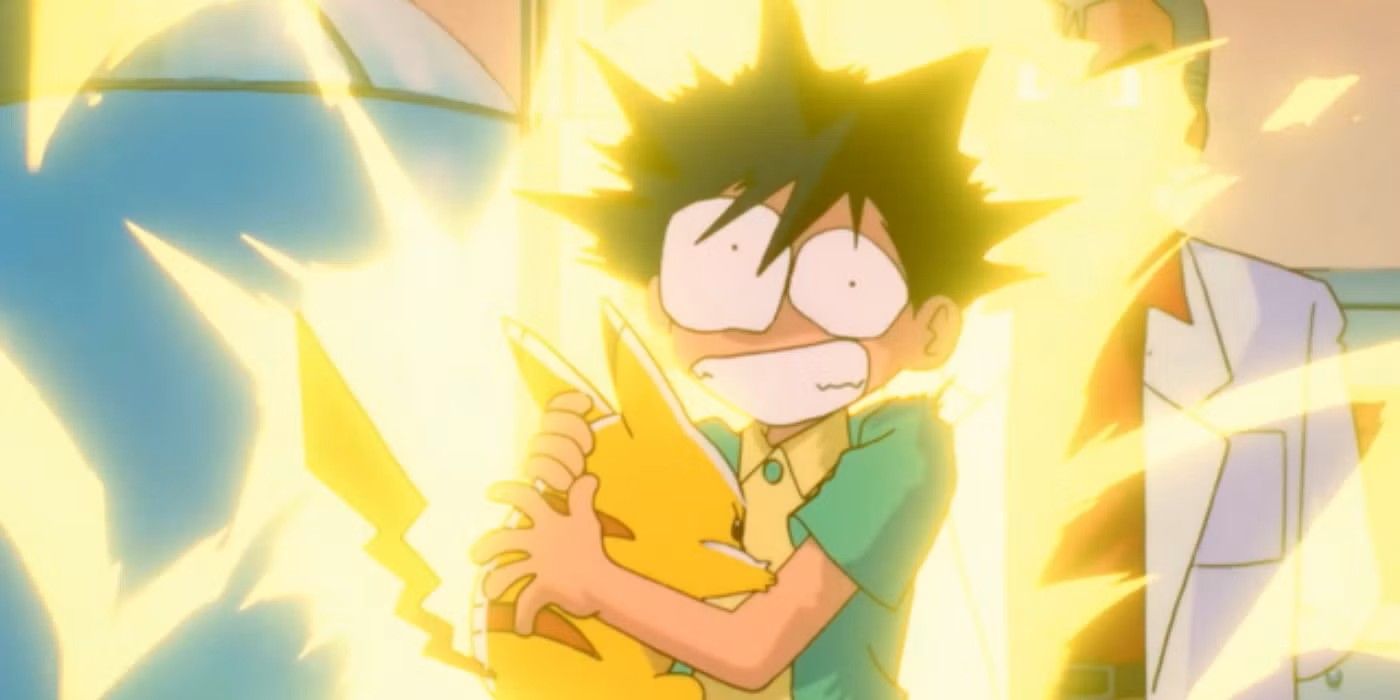 Ash Ketchum is getting shocked by Pikachu after choosing Pikachu as his starter Pokemon in the first episode of the original Pokemon anime.